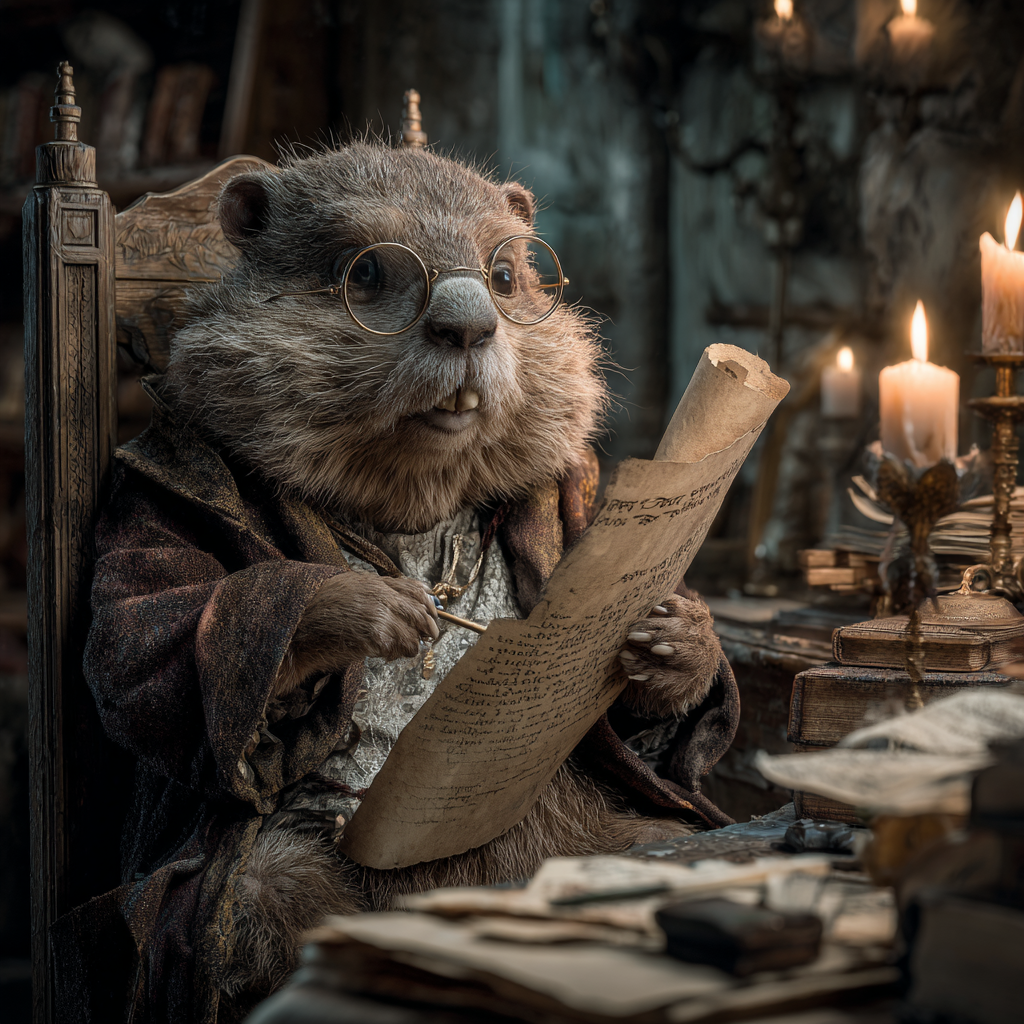 photo of a groundhog with glasses surrounded by old scrolls