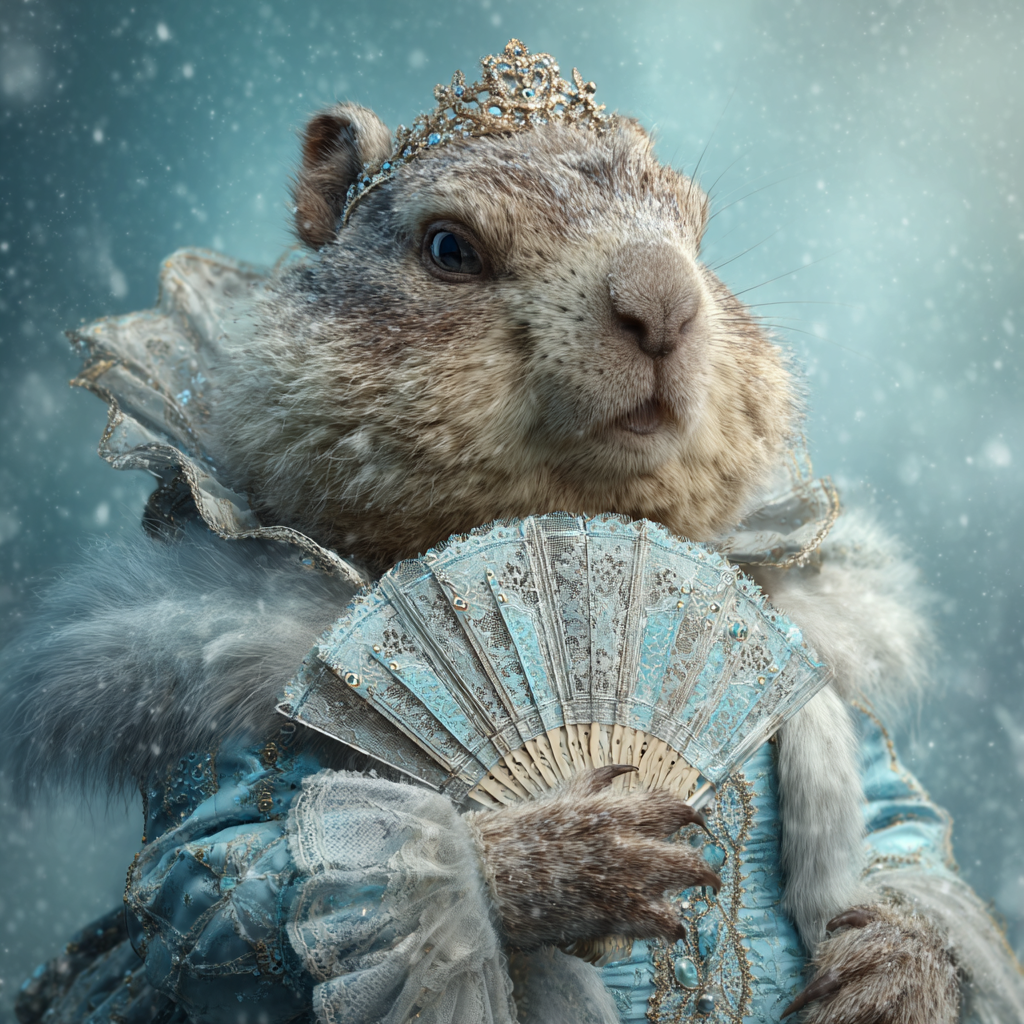 photo of a groundhog in a winter themed gown