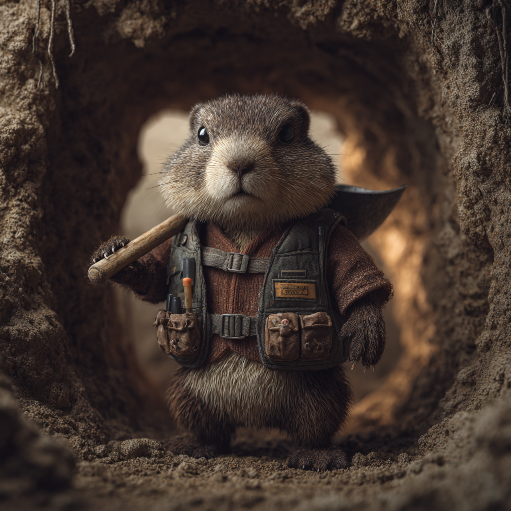 photo of a groundhog in a tunnel with shovel, wearing safety gear